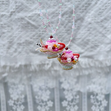 草莓芭菲杯 串珠甜品草莓小蛋糕项链米珠长款项链长度54加5