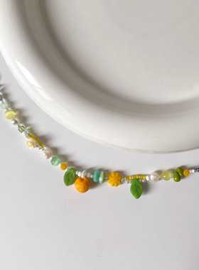 玻璃晴朗橘子辉煌 水果捷克珠珍珠串珠手链原创设计夏日清凉可爱