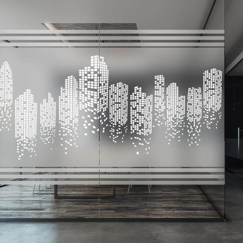 玻璃贴纸公司办公室创意静电uv贴膜白色自粘定制城市建筑透明装饰