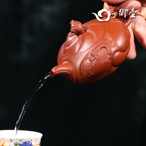御壶 宜兴名家全纯手工紫砂壶茶壶茶具 原矿朱泥鱼化龙壶鱼跃龙门 - 图1