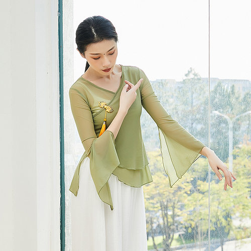 古典舞女练功服芭蕾舞中国风民族风舞蹈长袖身韵纱衣演出服装上衣 - 图1