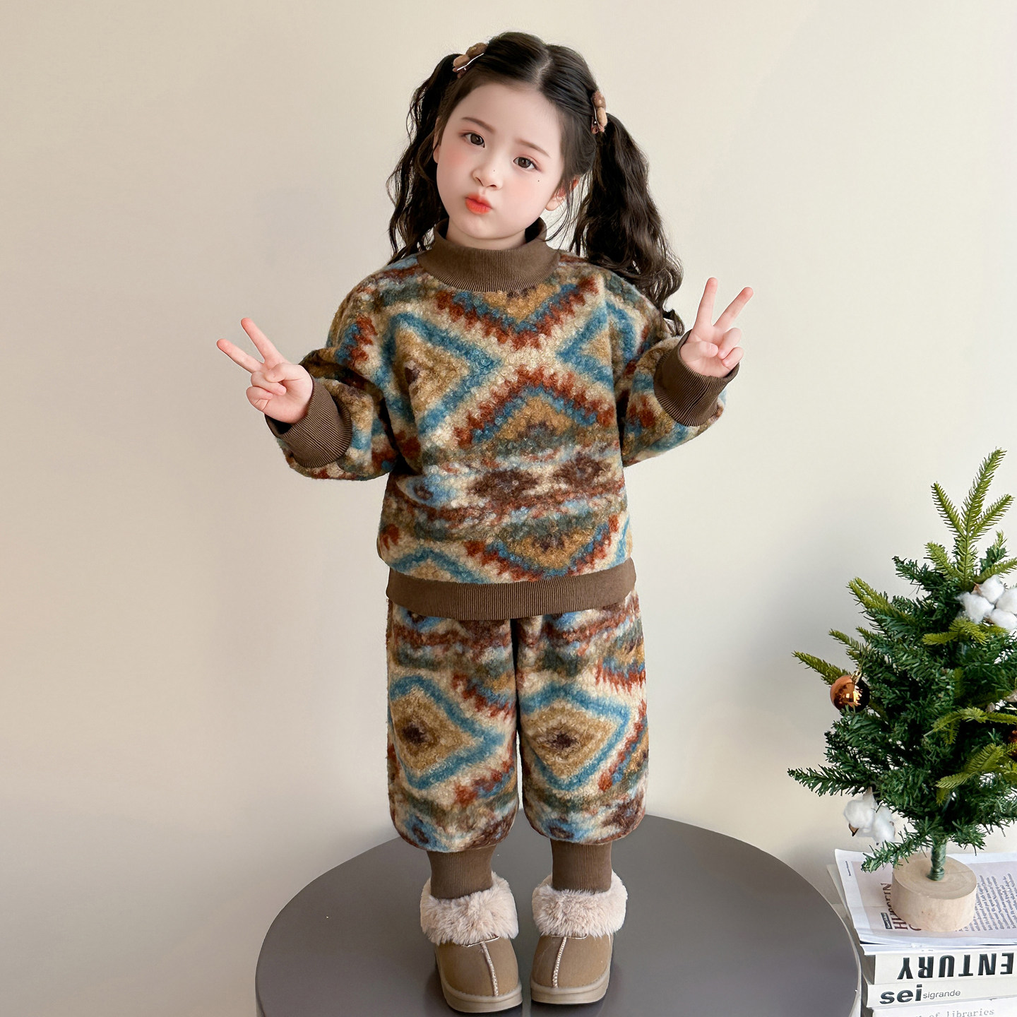 儿童冬季睡衣女童民族风双层加绒加厚格子套装宝宝羊羔绒毛毛衣服,淘宝优惠券,粉丝福利购,淘宝优惠卷