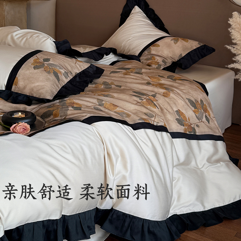 秋冬纯棉四件套中古风全棉磨毛加厚被套复古床上用品床笠陪嫁床单 - 图3