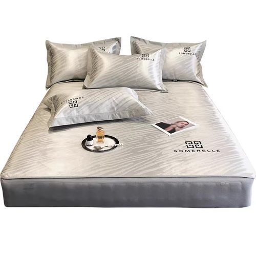 夏季轻奢风可水洗冰丝凉席三件套可折叠凉感床笠款床席款空调席子 - 图3