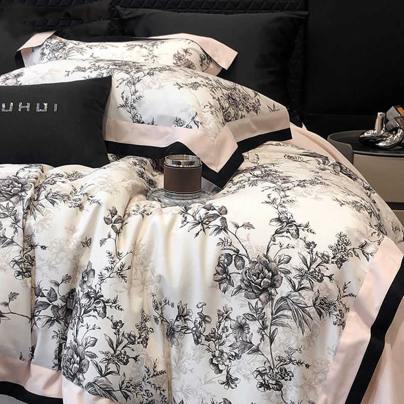 法式复古风全棉磨毛四件套花卉数码印花加厚纯棉被套秋冬床品紫色