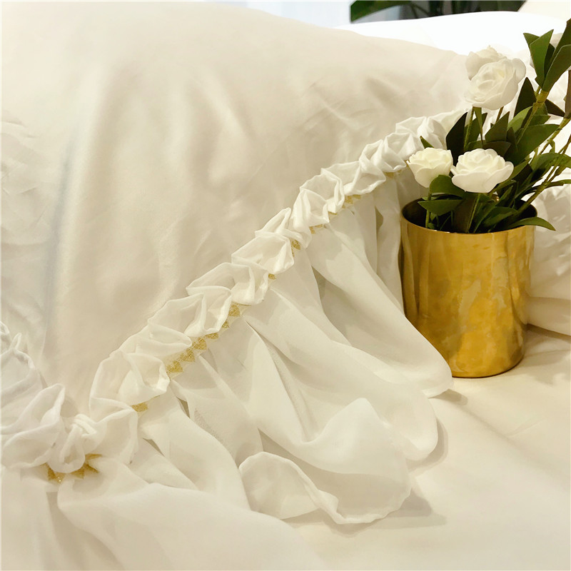 韩版纯棉60支长绒棉四件套 全棉贡缎白色公主风蕾丝花边床上用品