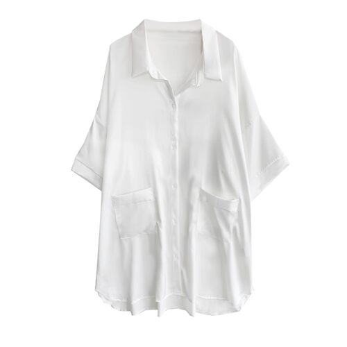 私房纯色大码宽松性感睡衣女夏季真丝家居服可外穿男友风衬衫睡裙 - 图3