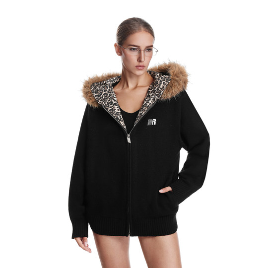 FDR official store fur collar leopard print sweater jacket