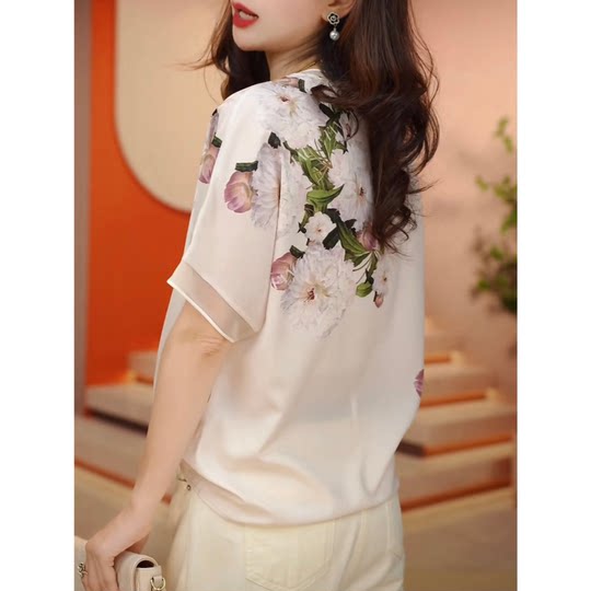 High-end short-sleeved chiffon printed t-shirt for women