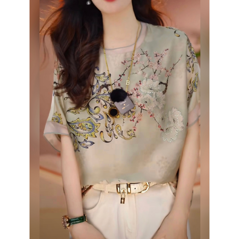 高级感时尚印花T恤女夏季新款妈妈宽松气质显瘦雪纺小衫短袖上衣,淘宝优惠券,粉丝福利购,淘宝优惠卷