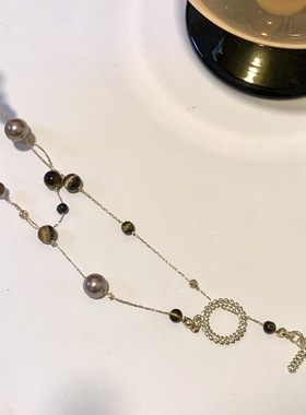 美拉德虎眼石珍珠项链女秋冬季2025爆款百搭轻奢高级感长款毛衣链