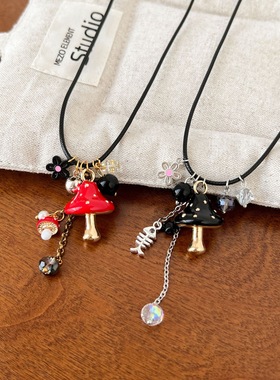 设计感精致重工滴油电镀蘑菇吊坠流苏毛衣挂脖链条可调节饰品