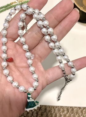 甜美氛围感圣诞节珍珠串珠爱心圣诞树吊坠项链女小众高级感毛衣链