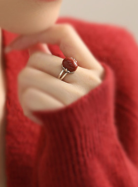 925银复古南红玛瑙蛋面高级戒指