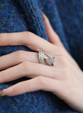 925银复古狐狸民族风精致戒指女