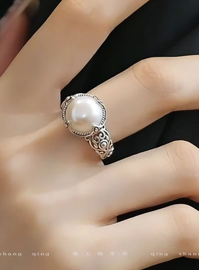 925银复古轻奢大气珍珠镂空戒指