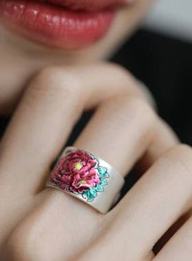 925银复古雕刻牡丹中国风戒指女