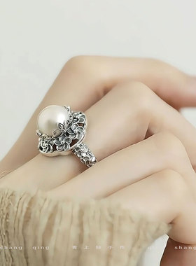 925银复古新中式鸡蛋花珍珠戒指
