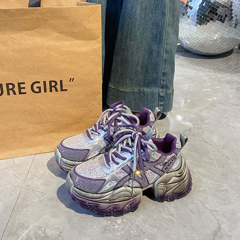 老爹鞋女2026新款鞋子厚底水钻增高紫色配阔腿裤的百搭小个子超火,淘宝优惠券,粉丝福利购,淘宝优惠卷