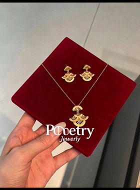 【摇风】S925纯银小金扇项链女新中式立体浮雕拉丝工艺灵动耳钉