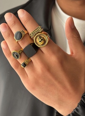 复古骷髅方戒6件套戒指男欧美朋克风嘻哈潮流夸张小众指环套装