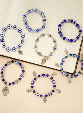 复古土耳其蓝色眼睛手链恶魔之眼克系小众个性法蒂玛手手串配饰品