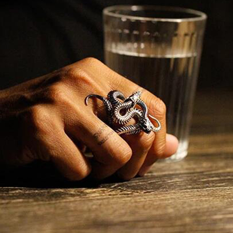 复古蛇开口戒指男女小众设计感缠绕双蛇猎奇夸张个性指环情侣饰品-图0