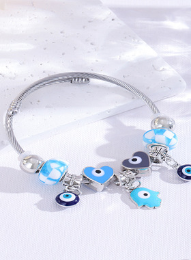 复古蓝色眼睛法蒂玛之手手镯你中东风小众恶魔之眼个性手环礼物