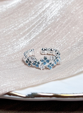 复古梦幻蓝色蝴蝶花朵戒指甜美精致高级感指环女