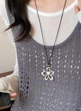韩国ins博主镂空银色花朵项链黑绳抽拉可小众调节配饰气质长款