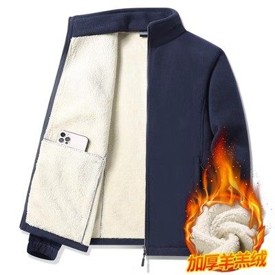 加肥加大码男士羊羔绒立领上衣秋冬宽松加绒加厚保暖开衫卫衣外套 - 图0