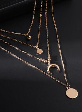 跨境wish欧美时尚女式波西米亚风格月亮金色银色多层吊坠项链首饰