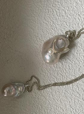 小众设计感淡水珍珠项链通体纯银