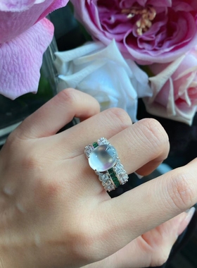 天然水沫玉冰玻璃种戒指环圈复古中国风新款蕾丝绿宝石设计女翡翠