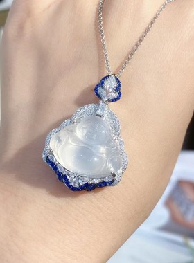 天然冰种白玉髓玛瑙弥勒大肚佛公本命925银镀金项链平安符设计款