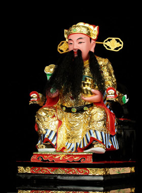 台湾香樟木彩绘财神摆件家用文财神童子像财神爷神像店铺摆件开业
