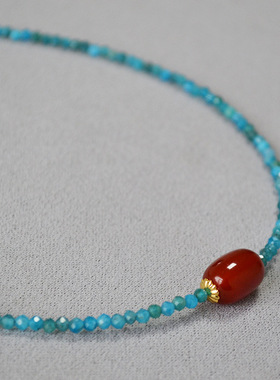 国潮新中式小众复古文艺蓝色磷灰石红玛瑙手工串珠简约气质项链女