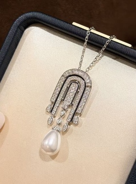 通体s925个性设计回形针贝珠钻石项链灵感建筑拱形轮廓流苏锆石