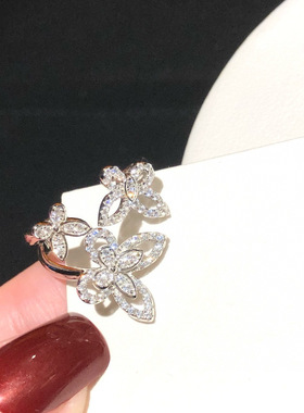 S925纯银满钻三只蝴蝶开口戒指三重奏高级感轻奢百搭指环一件代发