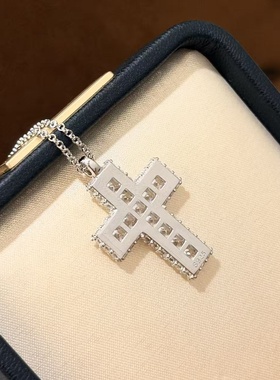 通体s925银满钻镶嵌爆闪十字架项链感可拉伸链可做毛衣链精致