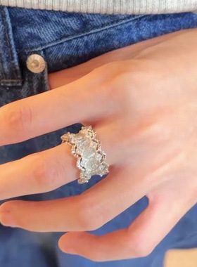 S925纯银法式蕾丝花边拉丝戒指轻奢中古vintage雕花镂空开口戒指