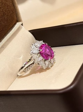 通体s925卢比卡粉钻太阳花玫红指仿真钻彩宝彩钻精致富婆
