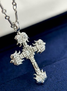 通体s925个性克罗十字架烈焰潮流火焰项链镶嵌高碳钻重工设计款