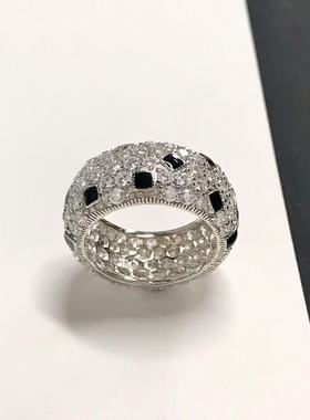 豹纹黑白满钻戒指女轻奢高级感 925纯银复古黑珐琅斑点宽面指环