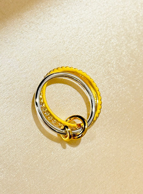 S925纯银精工双环双色单排钻光面二合一戒指轻奢环环相扣戒指女