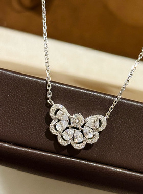 S925纯银满钻扇子项链设计感闪钻裙摆蝴蝶羽翼花朵锁骨链