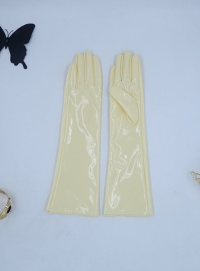 漆皮长手套40cm明黄色长款PU仿真皮仿皮摄影舞台忒福亮皮镜面酒吧