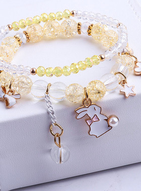 韩国小清新可爱兔子花朵水晶串珠手链