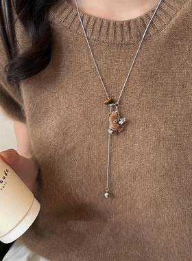 韩国新款植绒镶钻小熊吊坠项链时尚简约小众锁骨链个性高级感饰品