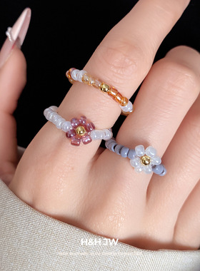 韩国新款珠花朵弹力绳戒指三件套个性设计感食指戒轻奢高级感手饰
